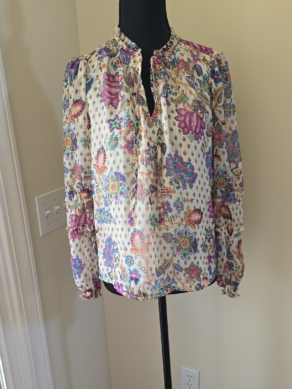 LOFT Cream Multicolor Peasant Blouse Cardigan Set with Multicolor Floral Print A